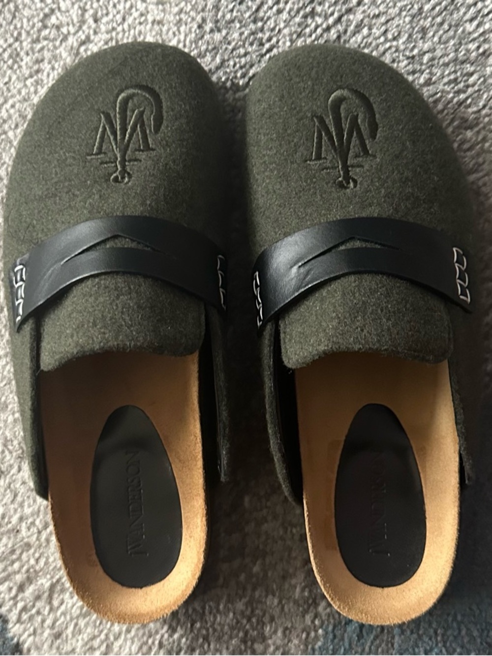 JW ANDERSON  Mens Olive Green Felt Slide Sandals with Black Leather Strap